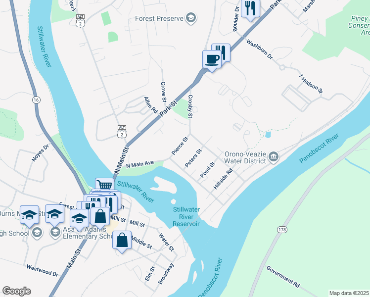 map of restaurants, bars, coffee shops, grocery stores, and more near 5779 Rangeley Road in Orono
