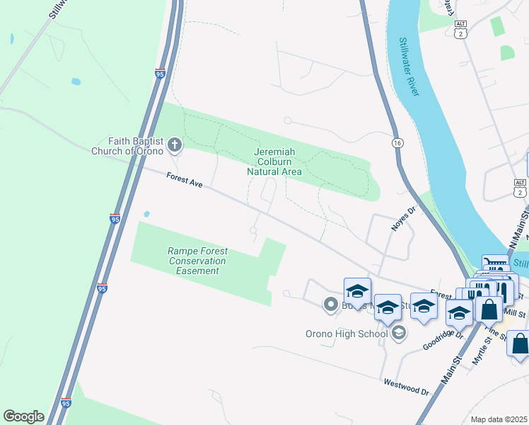 map of restaurants, bars, coffee shops, grocery stores, and more near 128 Forest Avenue in Orono
