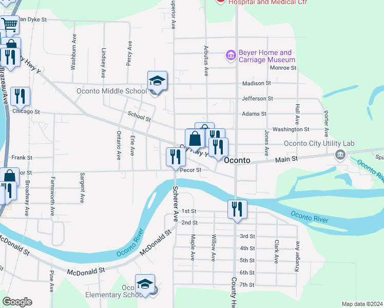 map of restaurants, bars, coffee shops, grocery stores, and more near 1022 Howe Avenue in Oconto