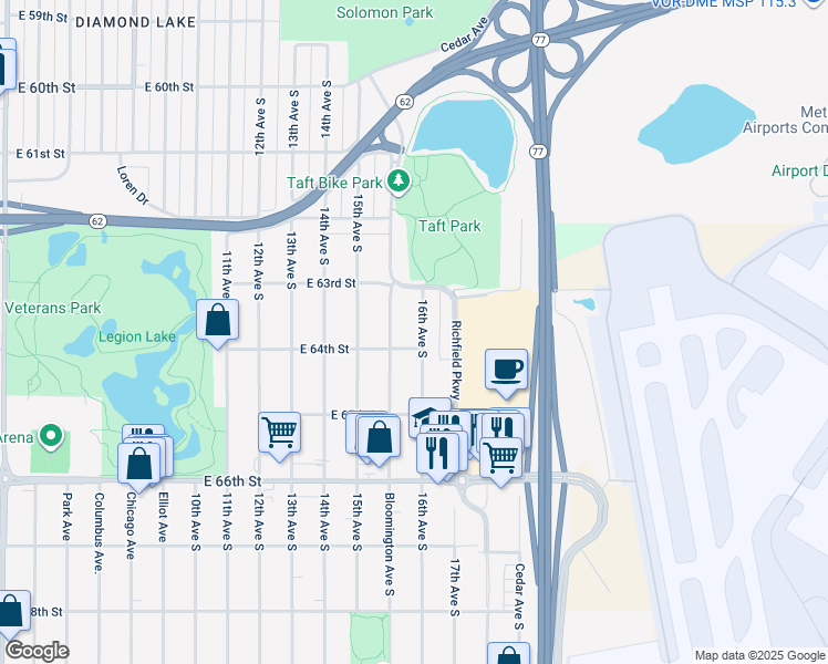 map of restaurants, bars, coffee shops, grocery stores, and more near 6338 16th Avenue South in Minneapolis