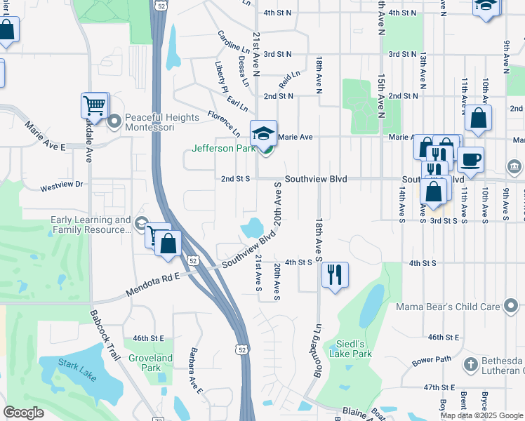 map of restaurants, bars, coffee shops, grocery stores, and more near 245 21st Avenue South in South Saint Paul
