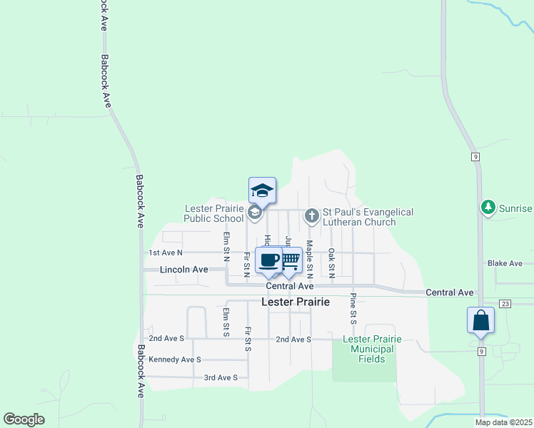 map of restaurants, bars, coffee shops, grocery stores, and more near 131 Hickory Street North in Lester Prairie