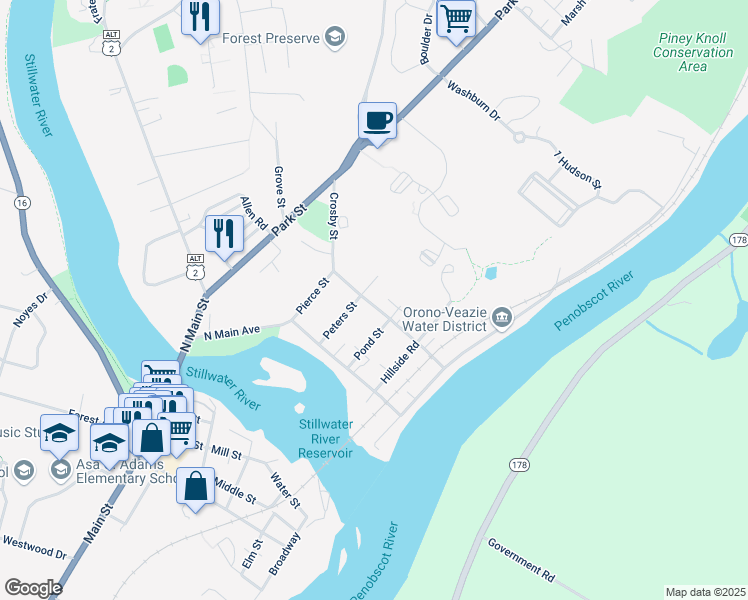map of restaurants, bars, coffee shops, grocery stores, and more near 34 Crosby Street in Orono