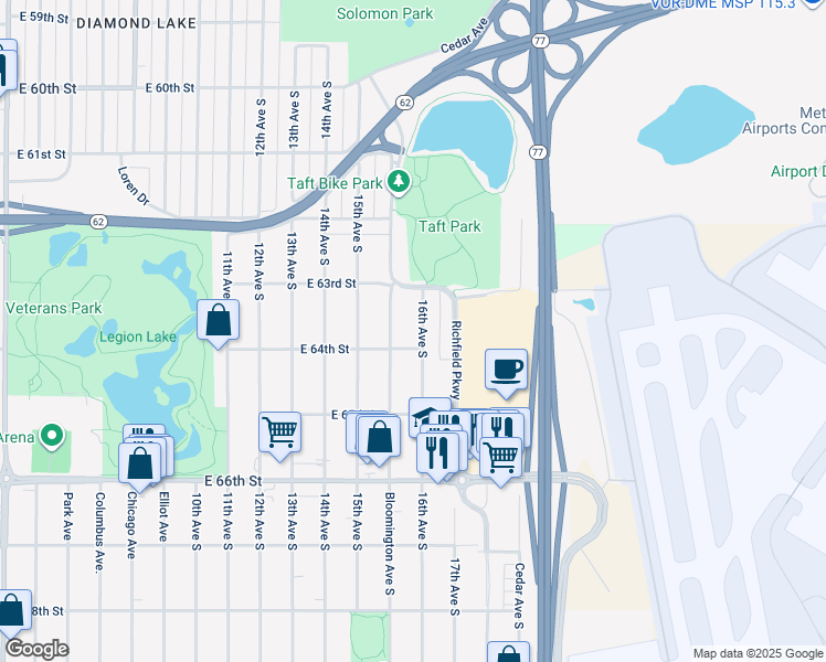 map of restaurants, bars, coffee shops, grocery stores, and more near 6338 16th Avenue South in Minneapolis