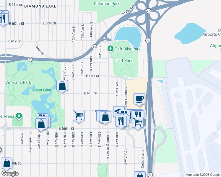 map of restaurants, bars, coffee shops, grocery stores, and more near 6338 16th Avenue South in Minneapolis