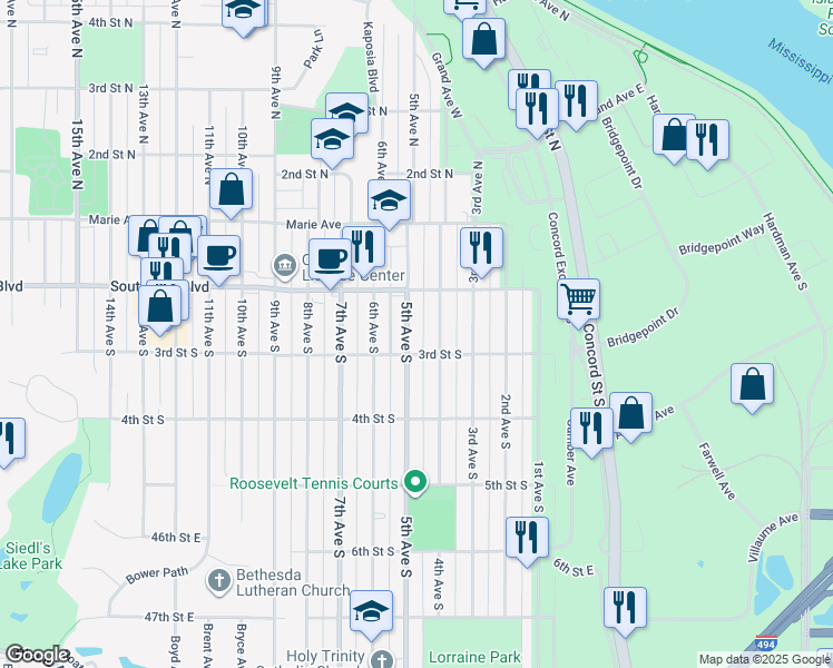map of restaurants, bars, coffee shops, grocery stores, and more near 248 4th Avenue South in South Saint Paul