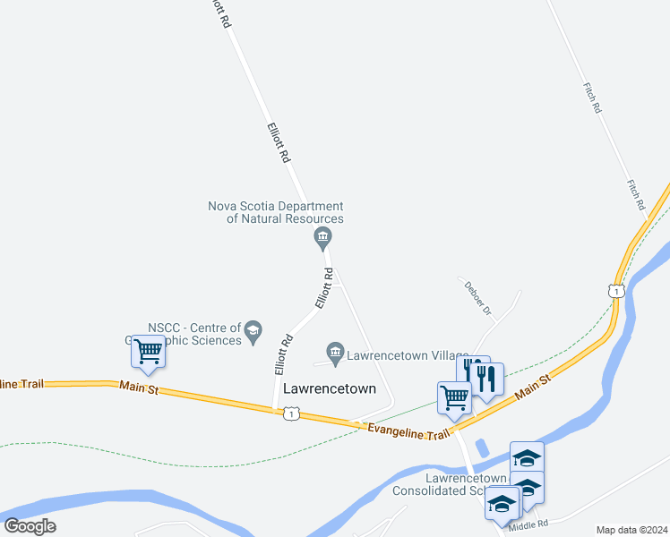 map of restaurants, bars, coffee shops, grocery stores, and more near Station Road in Lawrencetown