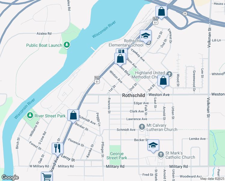 map of restaurants, bars, coffee shops, grocery stores, and more near 101 Alexander Avenue in Rothschild