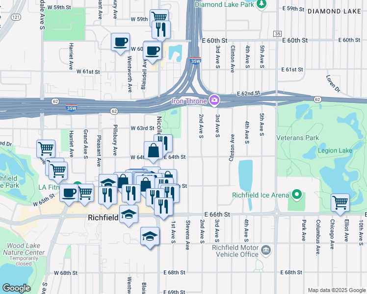 map of restaurants, bars, coffee shops, grocery stores, and more near 6338 Stevens Avenue in Minneapolis