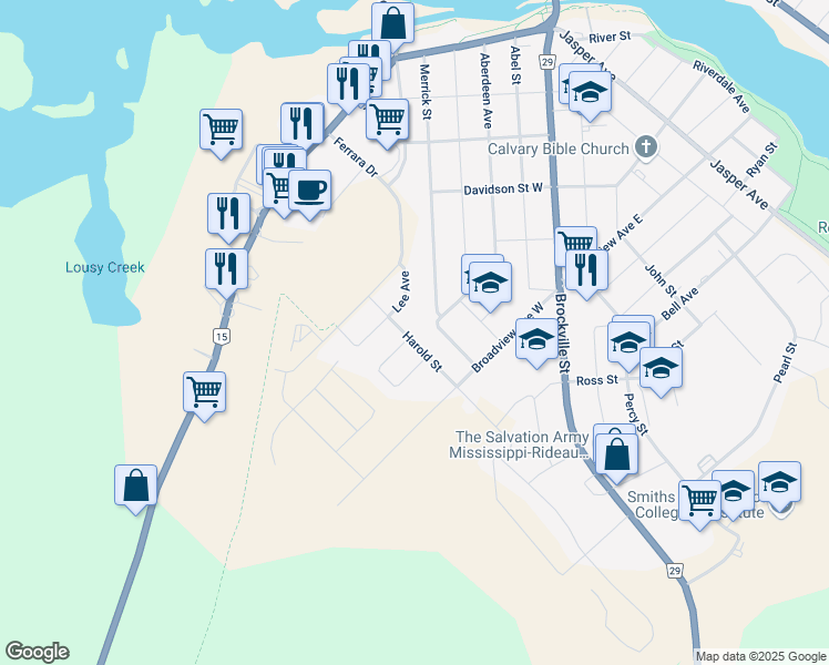 map of restaurants, bars, coffee shops, grocery stores, and more near 173 Harold Street in Smiths Falls