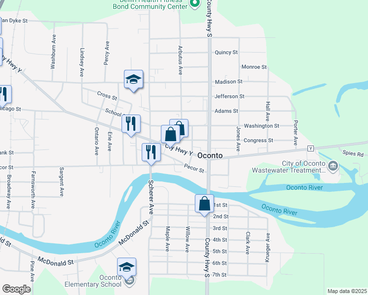 map of restaurants, bars, coffee shops, grocery stores, and more near 1115 Main Street in Oconto