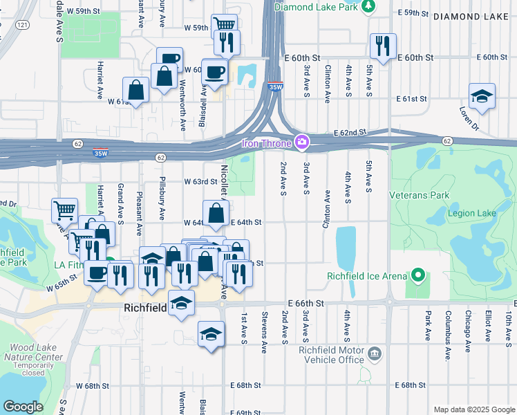 map of restaurants, bars, coffee shops, grocery stores, and more near 6338 Stevens Avenue in Minneapolis