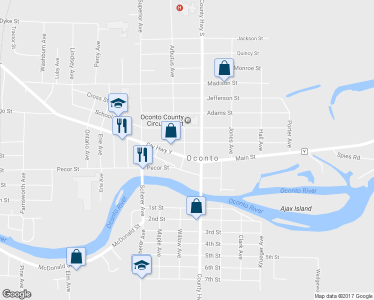 map of restaurants, bars, coffee shops, grocery stores, and more near 1201 Main Street in Oconto
