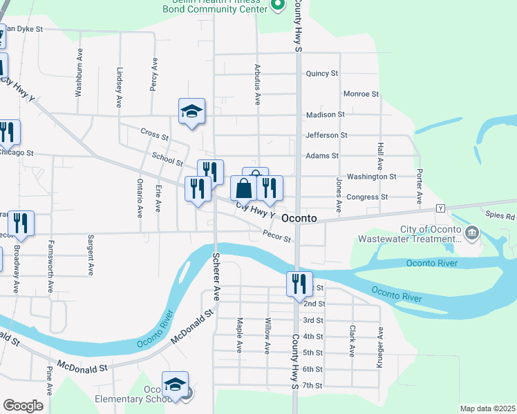map of restaurants, bars, coffee shops, grocery stores, and more near 1115 Main Street in Oconto