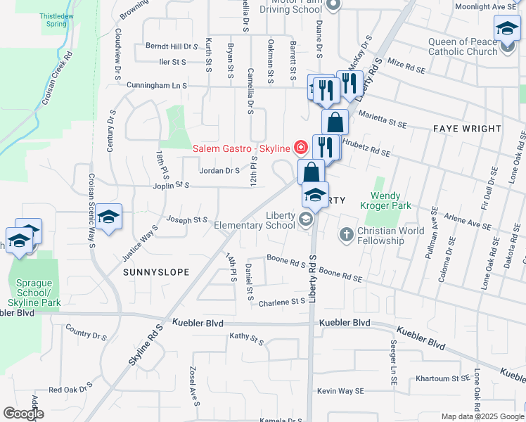 map of restaurants, bars, coffee shops, grocery stores, and more near 4784 Skyline Road South in Salem