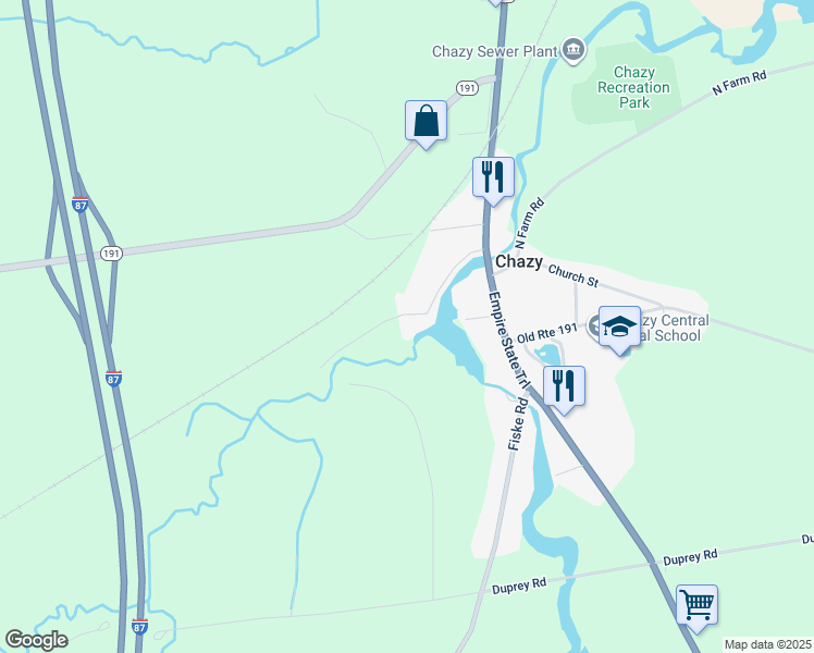 map of restaurants, bars, coffee shops, grocery stores, and more near 42 River St in Chazy