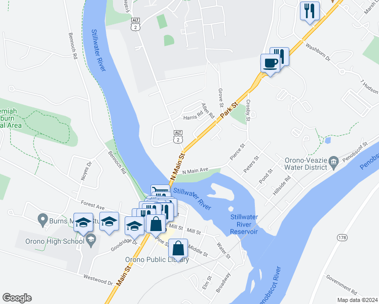 map of restaurants, bars, coffee shops, grocery stores, and more near 7 Park Street in Orono