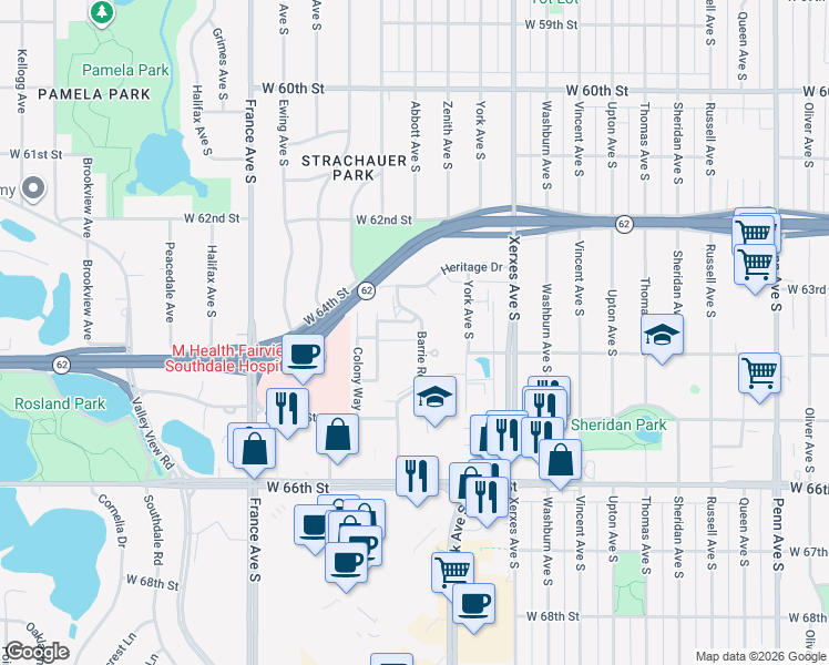 map of restaurants, bars, coffee shops, grocery stores, and more near 6312 Barrie Road in Minneapolis