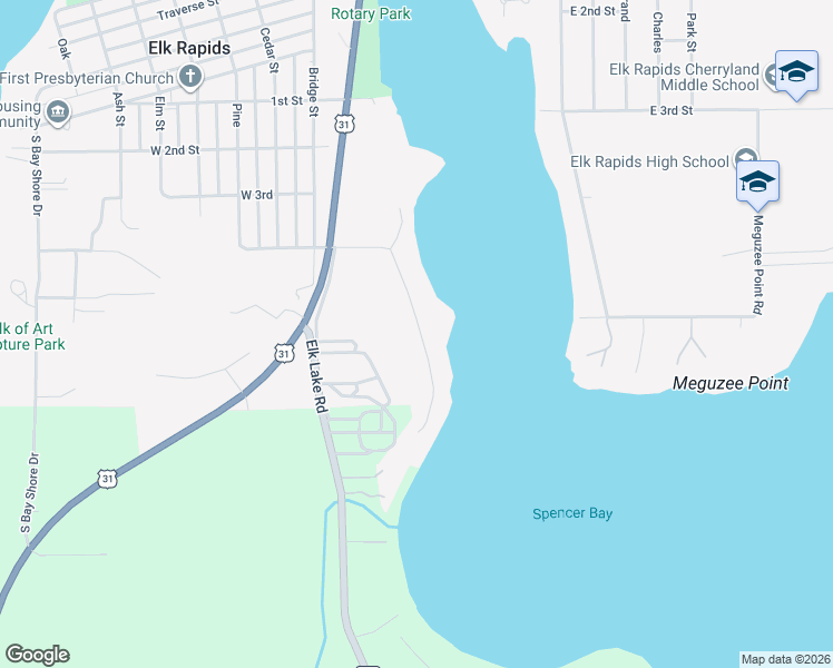 map of restaurants, bars, coffee shops, grocery stores, and more near 845 Millers Park Road in Elk Rapids