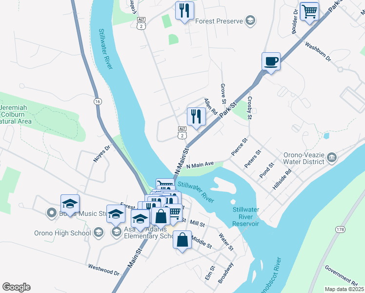 map of restaurants, bars, coffee shops, grocery stores, and more near 19 College Avenue in Orono