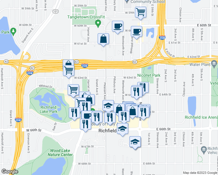 map of restaurants, bars, coffee shops, grocery stores, and more near 6329 Pleasant Avenue in Minneapolis