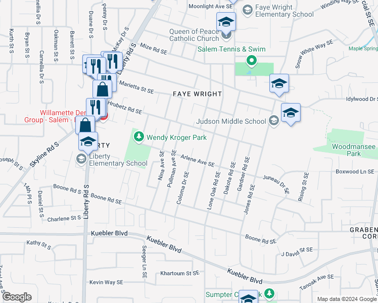 map of restaurants, bars, coffee shops, grocery stores, and more near 4773 Coloma Drive Southeast in Salem