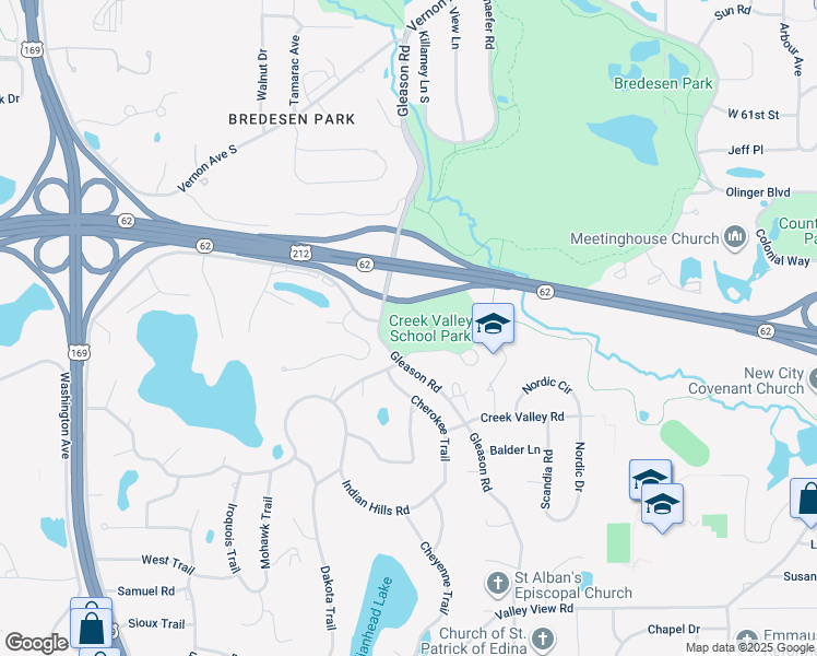 map of restaurants, bars, coffee shops, grocery stores, and more near 6301 Gleason Road in Edina
