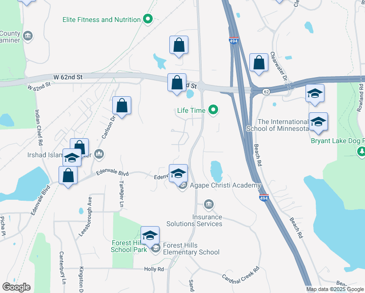 map of restaurants, bars, coffee shops, grocery stores, and more near 6377 Saint Johns Woods in Eden Prairie