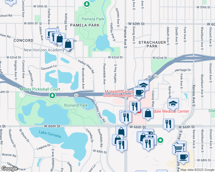 map of restaurants, bars, coffee shops, grocery stores, and more near 6325 Peacedale Avenue in Minneapolis