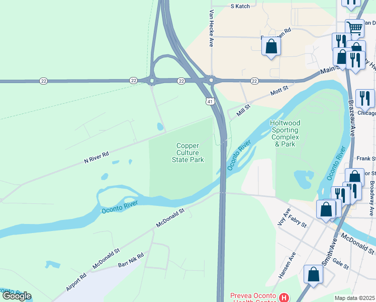 map of restaurants, bars, coffee shops, grocery stores, and more near 260 Copper Culture Way in Oconto