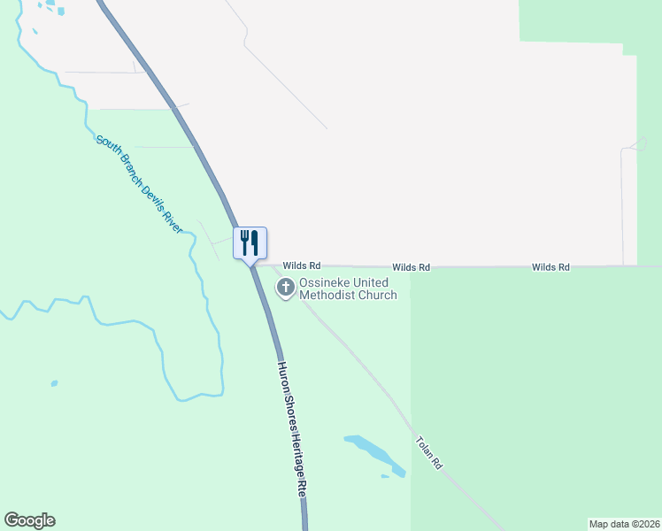 map of restaurants, bars, coffee shops, grocery stores, and more near 4571 Wilds Road in Ossineke