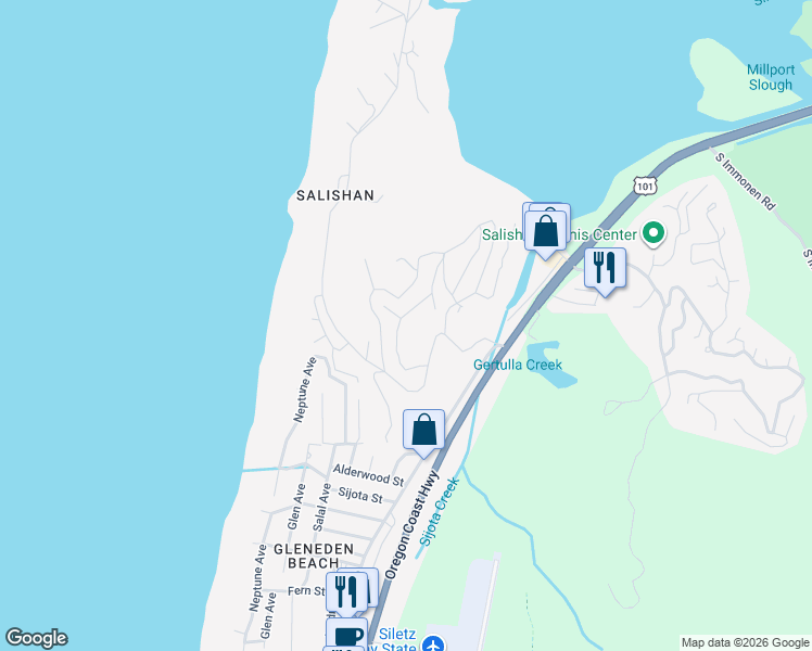 map of restaurants, bars, coffee shops, grocery stores, and more near 100 Salishan Dr in Lincoln City