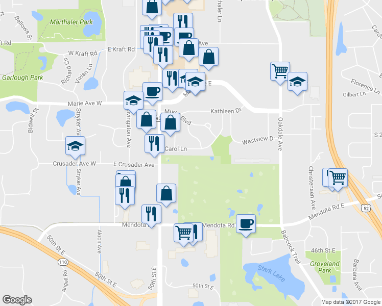 map of restaurants, bars, coffee shops, grocery stores, and more near 164 Carol Lane in Saint Paul