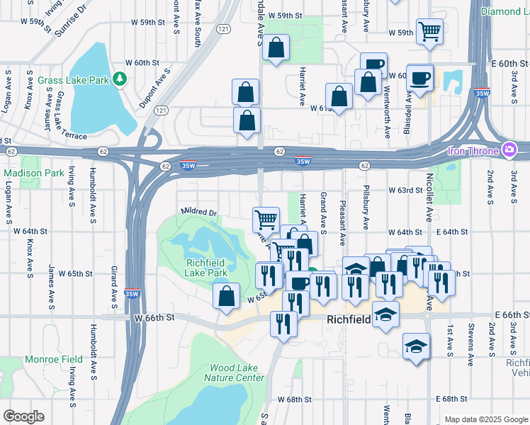 map of restaurants, bars, coffee shops, grocery stores, and more near 6335 Lyndale Avenue South in Minneapolis