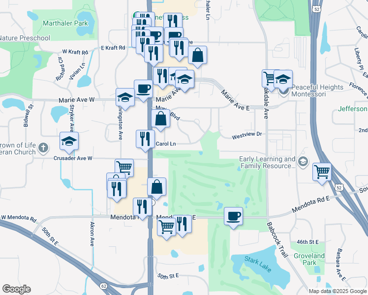 map of restaurants, bars, coffee shops, grocery stores, and more near 164 Carol Lane in Saint Paul