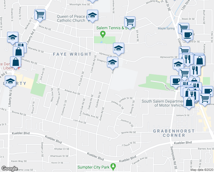 map of restaurants, bars, coffee shops, grocery stores, and more near 4721 Jones Road Southeast in Salem