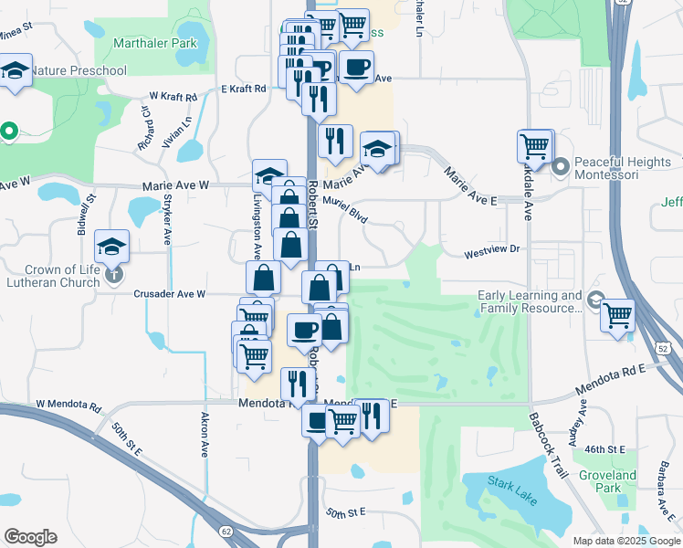 map of restaurants, bars, coffee shops, grocery stores, and more near 132 Carol Lane in Saint Paul