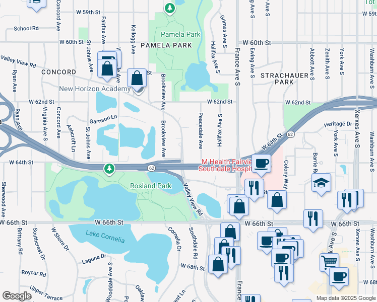 map of restaurants, bars, coffee shops, grocery stores, and more near 4200 Valley View Road in Minneapolis