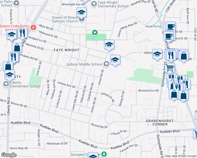 map of restaurants, bars, coffee shops, grocery stores, and more near 4721 Jones Road Southeast in Salem