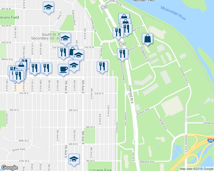 map of restaurants, bars, coffee shops, grocery stores, and more near 228 2nd Avenue South in South Saint Paul