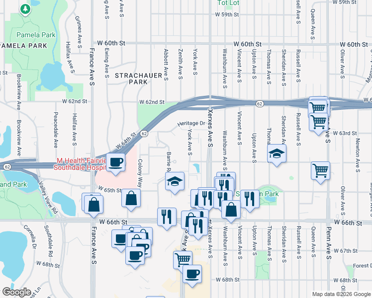 map of restaurants, bars, coffee shops, grocery stores, and more near 6304 York Avenue South in Minneapolis