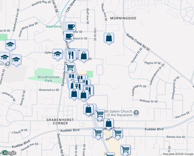 map of restaurants, bars, coffee shops, grocery stores, and more near 1255 Crowley Avenue Southeast in Salem