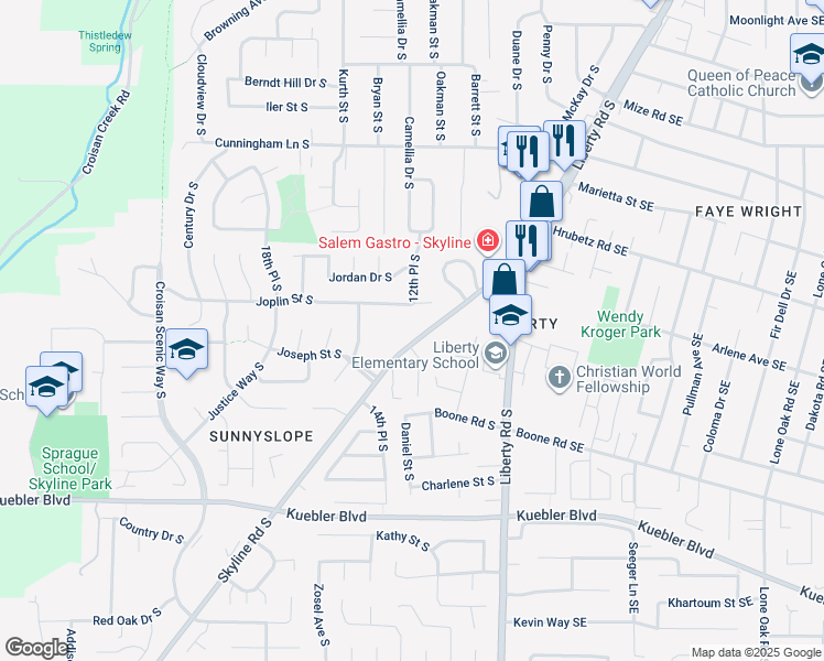 map of restaurants, bars, coffee shops, grocery stores, and more near 4788 Skyline Road South in Salem