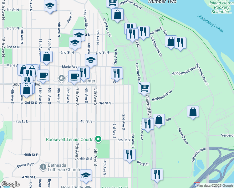 map of restaurants, bars, coffee shops, grocery stores, and more near 244 3rd Avenue South in South Saint Paul