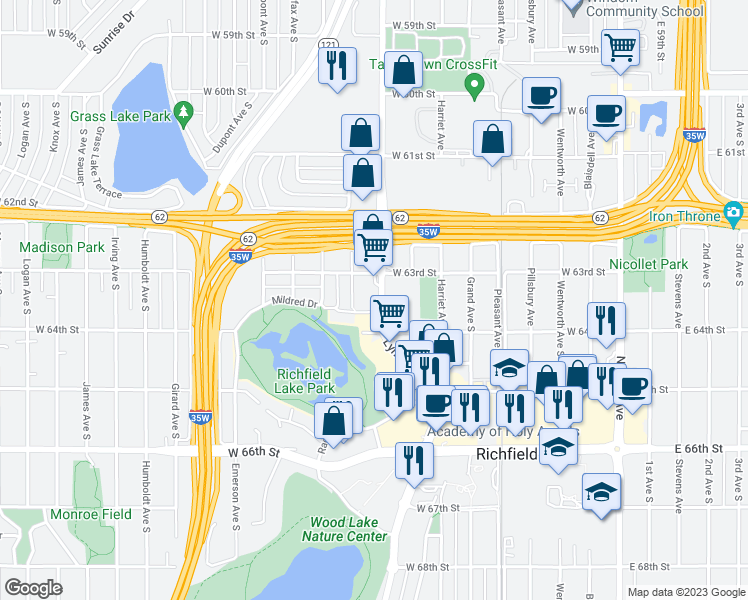 map of restaurants, bars, coffee shops, grocery stores, and more near 6345 Lyndale Avenue South in Minneapolis