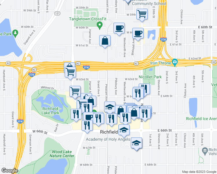 map of restaurants, bars, coffee shops, grocery stores, and more near 6313 Pleasant Avenue South in Richfield