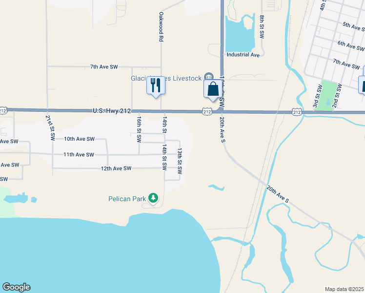 map of restaurants, bars, coffee shops, grocery stores, and more near 1100-1198 13th Street Southwest in Watertown