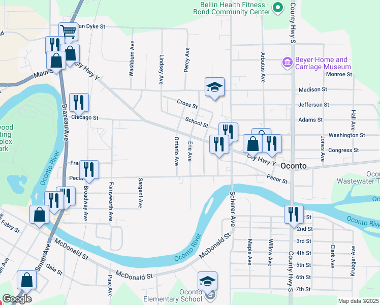 map of restaurants, bars, coffee shops, grocery stores, and more near Erie Avenue in Oconto