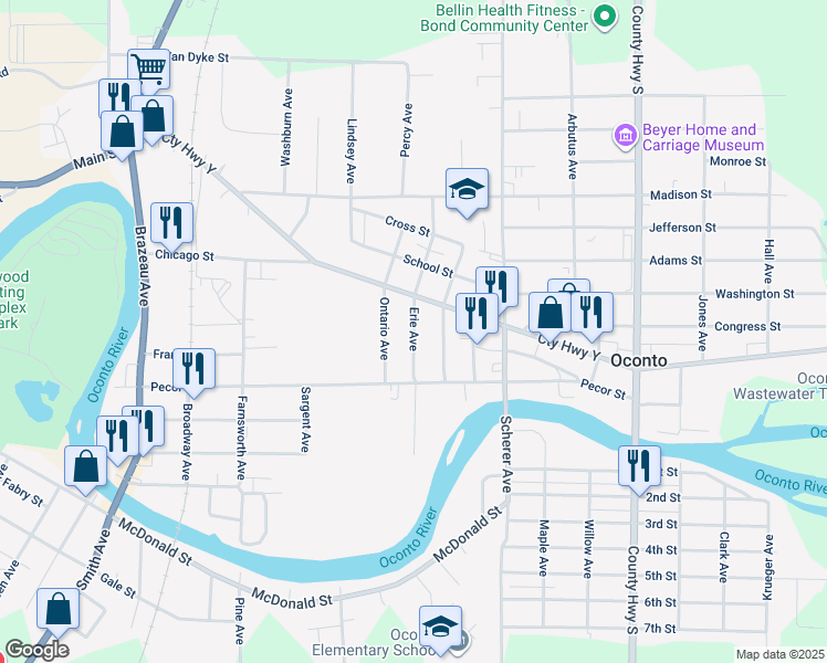 map of restaurants, bars, coffee shops, grocery stores, and more near Erie Avenue in Oconto