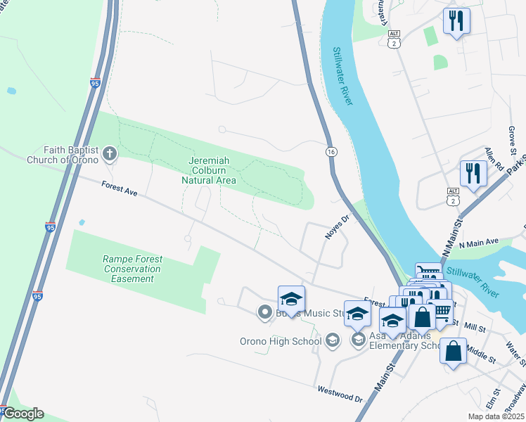 map of restaurants, bars, coffee shops, grocery stores, and more near 14 Haskell Street in Orono